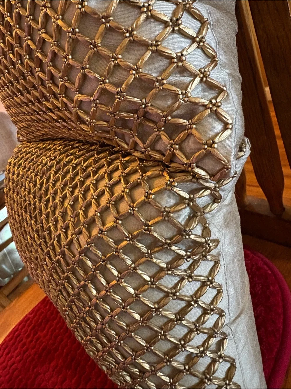 Pair Pier 1 Imports Gold Beaded Lattice Lumbar Accent Throw Pillows 16x12 EUC